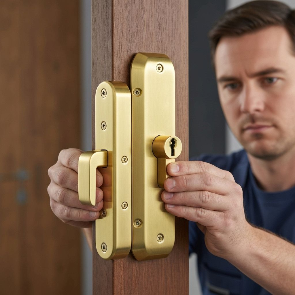 Chaveiro residencial instalando fechadura de segurança em porta de casa em Ribeirão das Neves